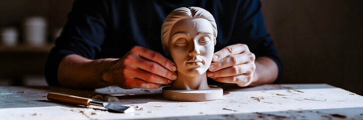 Sculptor working on clay bust in workshop with focused expression  