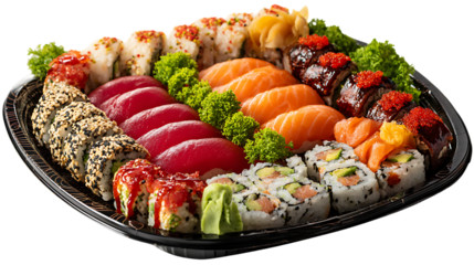 Variety sushi platter with assorted rolls and sashimi isolated on transparent background