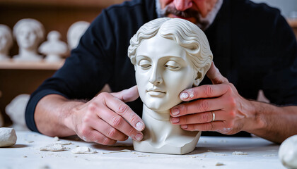 Sculptor shaping bust statue with focused expression in studio  