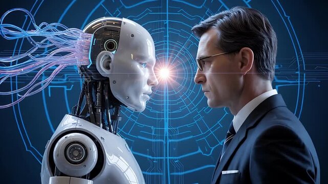 Human and humanoid robot face to face representing artificial intelligence, human machine interaction, future technology and digital ethics
