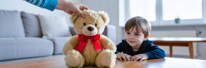 Child reaching for teddy bear on table in a bright living room  