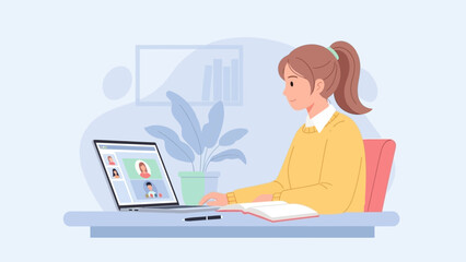 Young woman attending online class or meeting via video call on her laptop at home