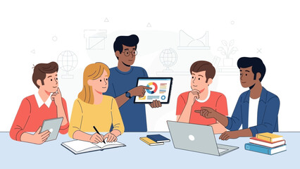 Collaborative diverse team brainstorming ideas and analyzing data with technology in a productive business or educational meeting