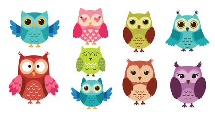 Lamas personalizadas con tu foto Cute cartoon owl character set featuring colorful birds with various expressions heart eyes flying poses and friendly faces for nursery stickers and decor.