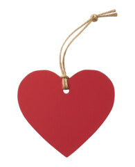 Red Heart Paper Tag With Twine. Hanging label for gift wrapping, price marking, or romantic message on celebration products. Isolated on transparent background, png.