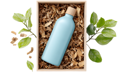 Eco friendly blue reusable water bottle in a wooden box with leaves and wood chips isolated on transparent background