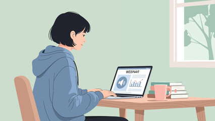 Young person attending online webinar on laptop, learning and working remotely from home with digital chart on screen