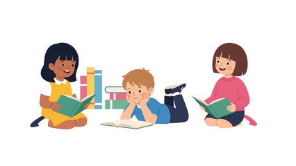 Fototapeta premium Children happily reading books together, fostering imagination and knowledge acquisition