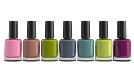 Collection of various colorful nail polish bottles isolated on transparent background