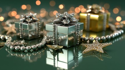 A group of silver presents with a gold bow