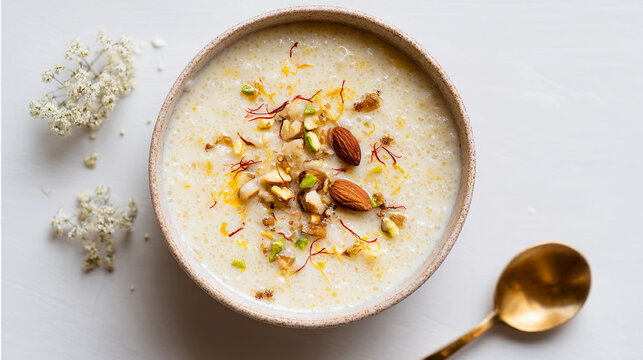 Delicious indian rice pudding kheer with nuts and saffron, served in a bowl, isolated on white background