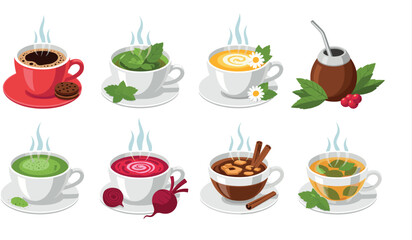 Vector Set of Assorted Hot Beverages Including Coffee Matcha Mint Chamomile and Yerba Mate