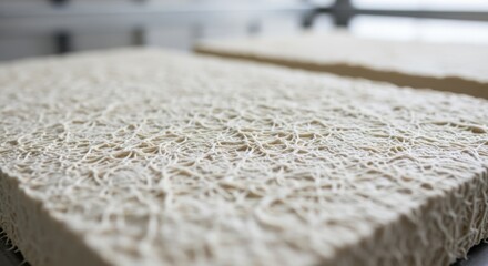 Detailed shot of the fibrous network forming within mycelium insulation panels during the biocuring process.