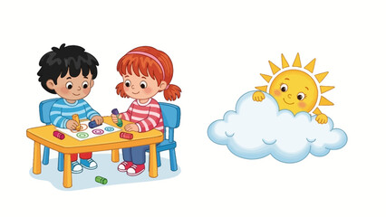 Naklejka premium Illustration of children engaged in creative art activities with crayons and a cheerful sun peeking from behind a cloud