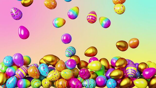 Colorful decorated Easter eggs filling the screen in motion. Festive egg animation with falling and stacking effect. Seamless loop on bright colorful background.