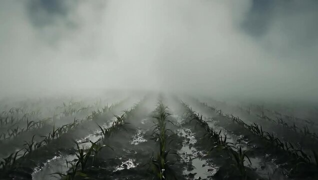 Misty Cornfield Landscape Revealing Rows of Green Corn Plants Under Soft Light