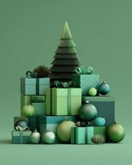 A pile of christmas ornaments and a christmas tree