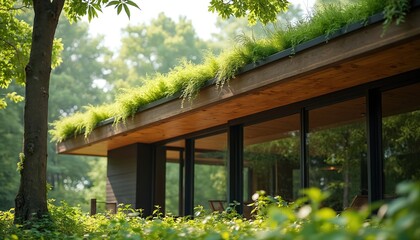 Modern house design with a living green roof and large glass windows blends with lush nature surroundings. Sustainable eco architecture uses wood and plants for building exterior.