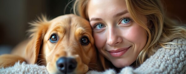 Young woman and golden retriever puppy embrace close together, sharing a happy smile. Their bond is clear in this tender moment of pure companionship and affection. They pose for camera.