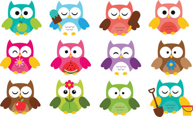 Obraz premium Colorful cartoon owl characters set featuring cute birds with summer fruits ice cream flowers and garden tools for children nursery sticker designs.