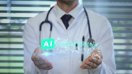 Doctor presenting an AI virtual doctor with graphic animation representing digital healthcare and medical innovation concept