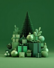 A pile of christmas presents with a christmas tree in the backgr