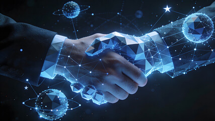 Two hands shaking with a glowing blue polygon mesh overlay, symbolizing a digital partnership and secure technology connection.