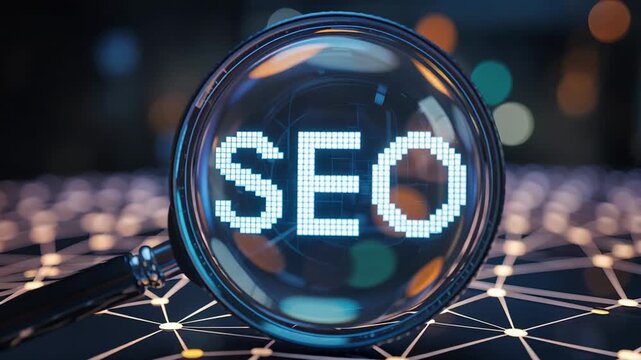 SEO Search Engine Optimization Concept with Magnifying Glass and Digital Data
