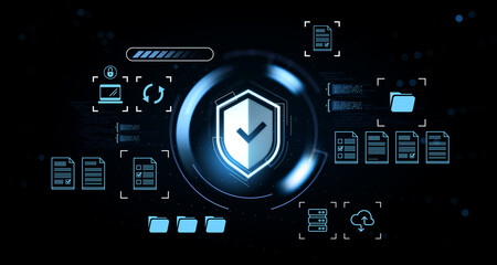 Digital cybersecurity shield with checkmark surrounded by secure data icons and futuristic interface on a blurred dark background. Concept of data protection. 3D Rendering