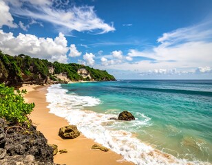 Scenic coastal vista featuring sandy beach and turquoise ocean