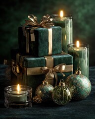 A stack of green boxes with gold ribbon