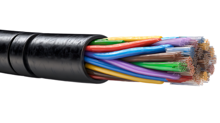 Exposed multi colored wires in a black cable on transparent background
