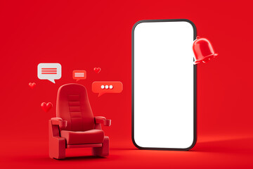 Empty smartphone screen mockup with red cinema chair, chat bubbles, and bell notification on vibrant red background for creative media concept.. 3D Rendering