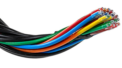 Multicolored wires bundled together on transparent background for electronics
