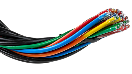 Multicolored wires bundled together on transparent background for electronics