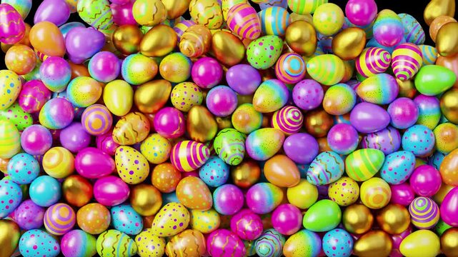 Colorful decorated Easter eggs filling the screen in motion. Festive egg animation with falling and stacking effect. Seamless loop with transparent alpha channel.