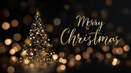 Merry christmas tree with gold glitters and bo lights