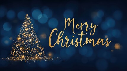 Merry christmas tree with gold glitters on a blue background