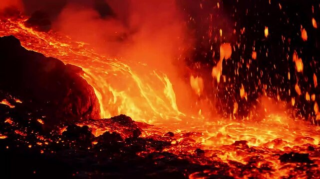 Close-up view of molten lava erupting, with bright orange and red colors, showcasing explosive lava splashes against a dark rocky background