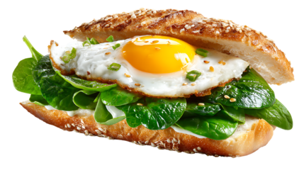 Delicious breakfast sandwich with egg and spinach on sesame seed baguette isolated on transparent background