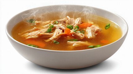 Steaming bowl of homemade chicken soup with shredded chicken, carrots, and green onions, isolated on white