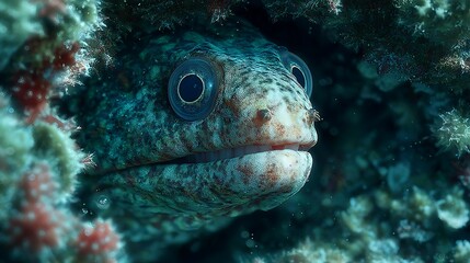 Moray eel peeking coral cave underwater pictures