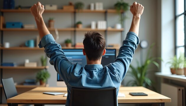 Man celebrates success at computer. He raises arms in triumph from his office desk. Happiness and excitement shown after hard work accomplishment. Visionary entrepreneur enjoys victory. - Powered by Adobe