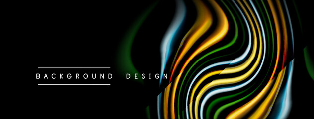 Abstract flowing lines create vibrant colorful design over black background. Text reads background design. Modern aesthetic.