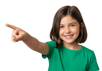 Little smiling cheery fun cute kid child wears green t-shirt point index finger aside isolated on transparent background