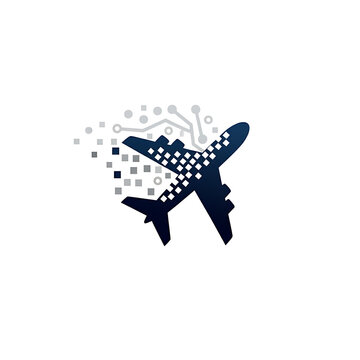 Modern Digital Aviation Logo Featuring Navy Blue Airplane with Pixelated Data and Circuit Elements