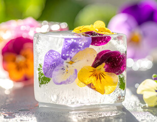Macro shot of a clear ice cube containing colorful frozen pansy flowers, melting on a wet surface. Generative AI