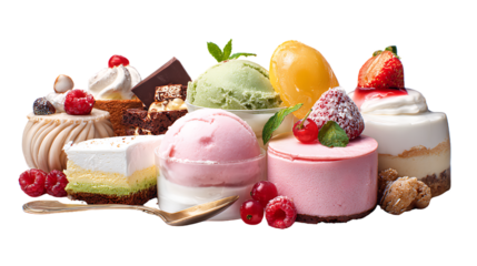 Assorted desserts with ice cream and cakes on transparent background