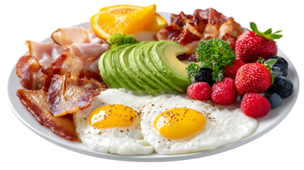 Delicious breakfast plate with eggs bacon avocado and fresh berries on a white plate isolated on transparent background