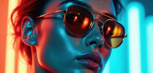 Woman with sunglasses wears aviator glasses and faces neon lights. Her skin reflects blue and red glow. She poses with her face turned to the side.